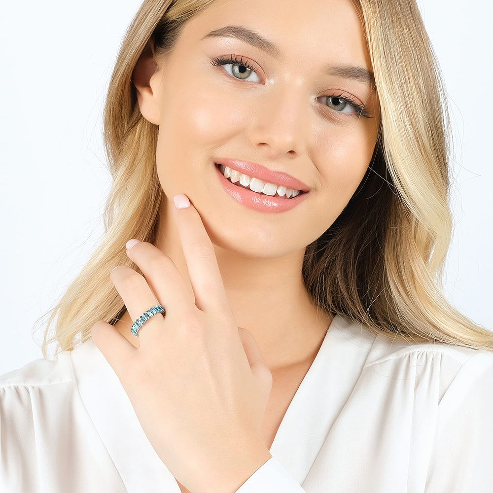 BAGUE POUR FEMMES EN ACIER OUVERT AVEC CRISTAUX BLEUS