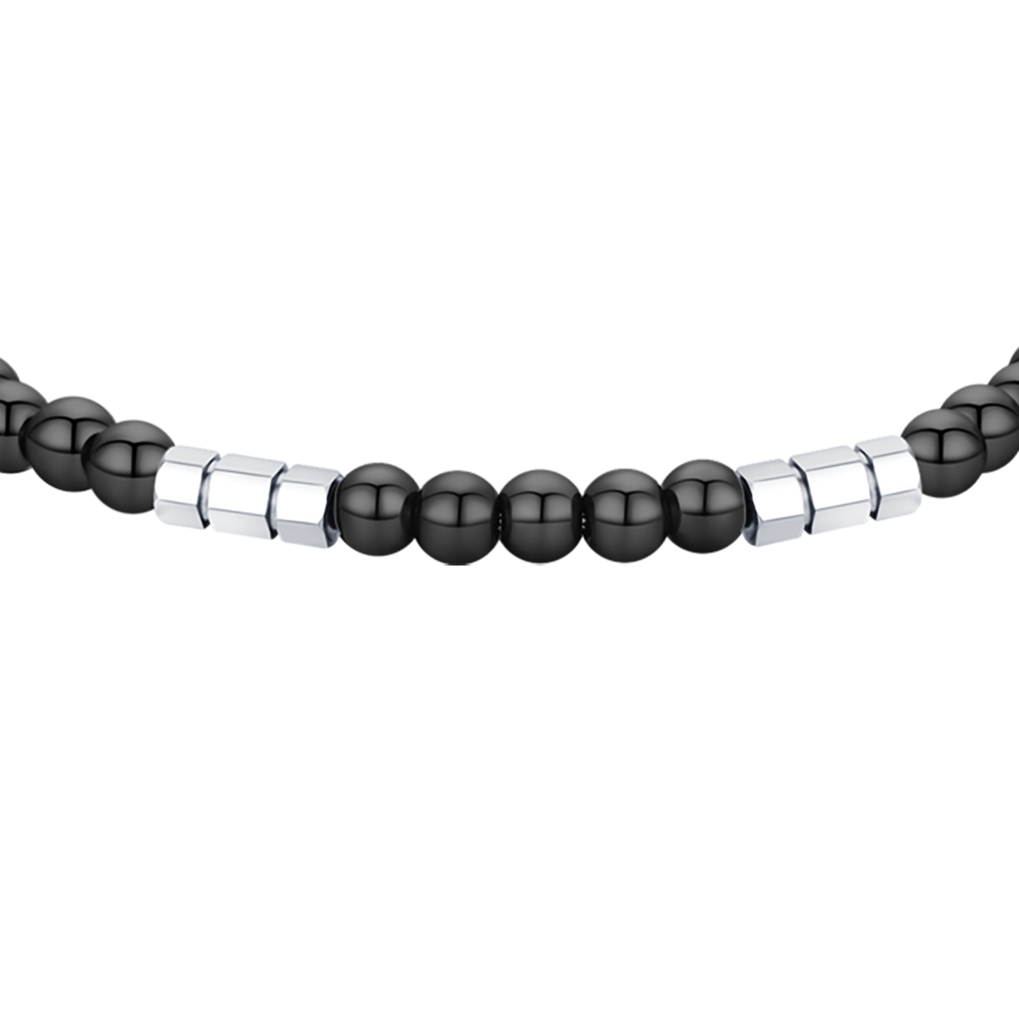 BRACELET EN ACIER POUR HOMMES AVEC PIERRES NOIRES ET ÉLÉMENTS EN ACIER
