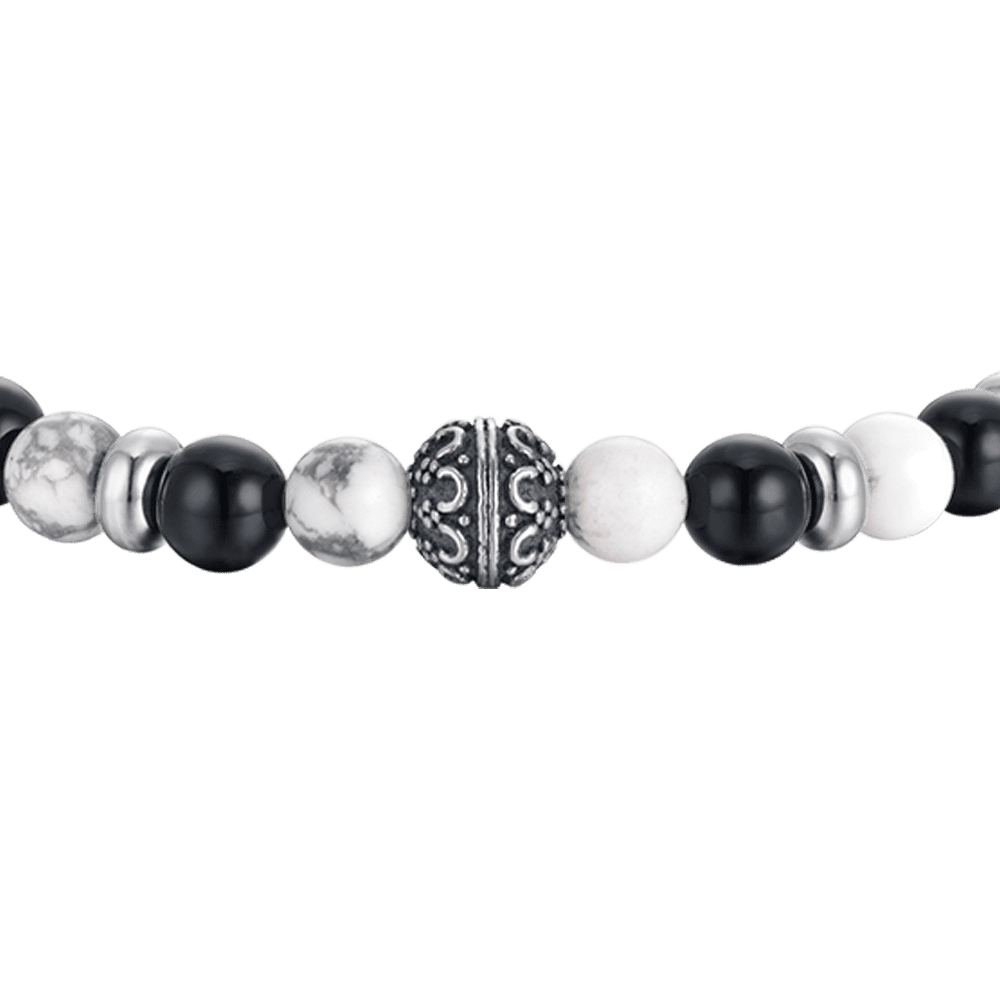 BRACELET ÉLASTIQUE POUR HOMME AVEC PIERRES NOIRES ET BLANCHES ET ÉLÉMENTS EN ACIER