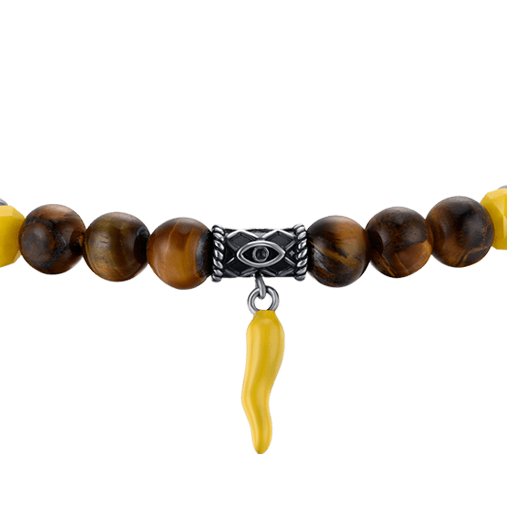 BRACELET ÉLASTIQUE POUR HOMME AVEC PIERRES EN OEIL DE TIGRE ET CORNE JAUNE