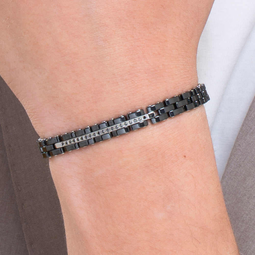BRACELET HOMME EN ACIER ET CÉRAMIQUE NOIRE AVEC CRISTAUX NOIRS