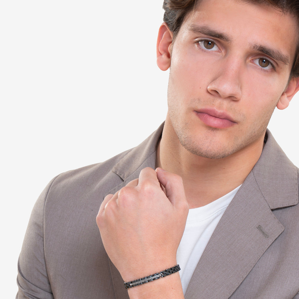 BRACELET HOMME EN ACIER ET CÉRAMIQUE NOIRE AVEC CRISTAUX NOIRS