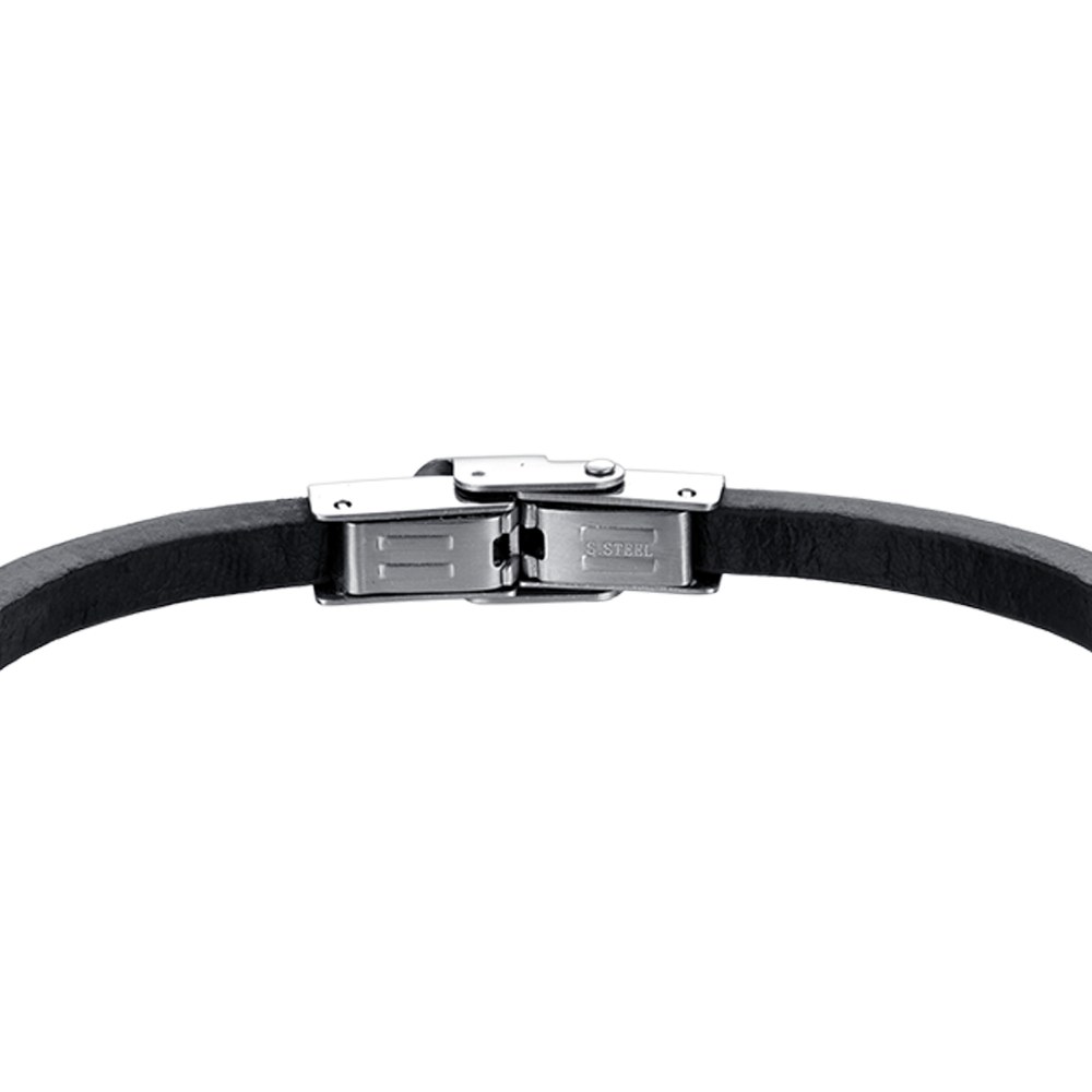BRACELET HOMME EN CUIR AVEC PLAQUE EN ACIER IP NOIR