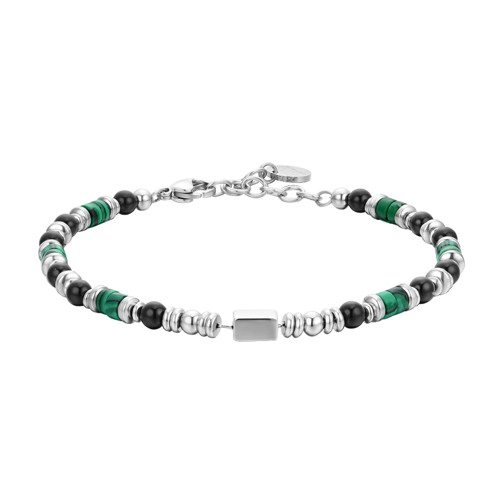BRACCIALE UOMO IN ACCIAIO CON AGATA NERA E MALACHITE VERDE