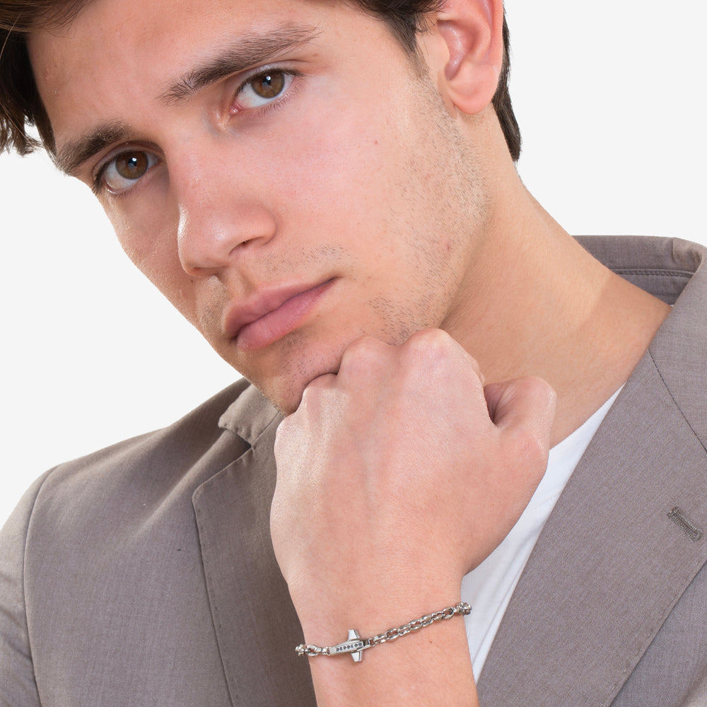 BRACELET HOMME CROIX EN ACIER ET ZIRCON CUBIQUE NOIR