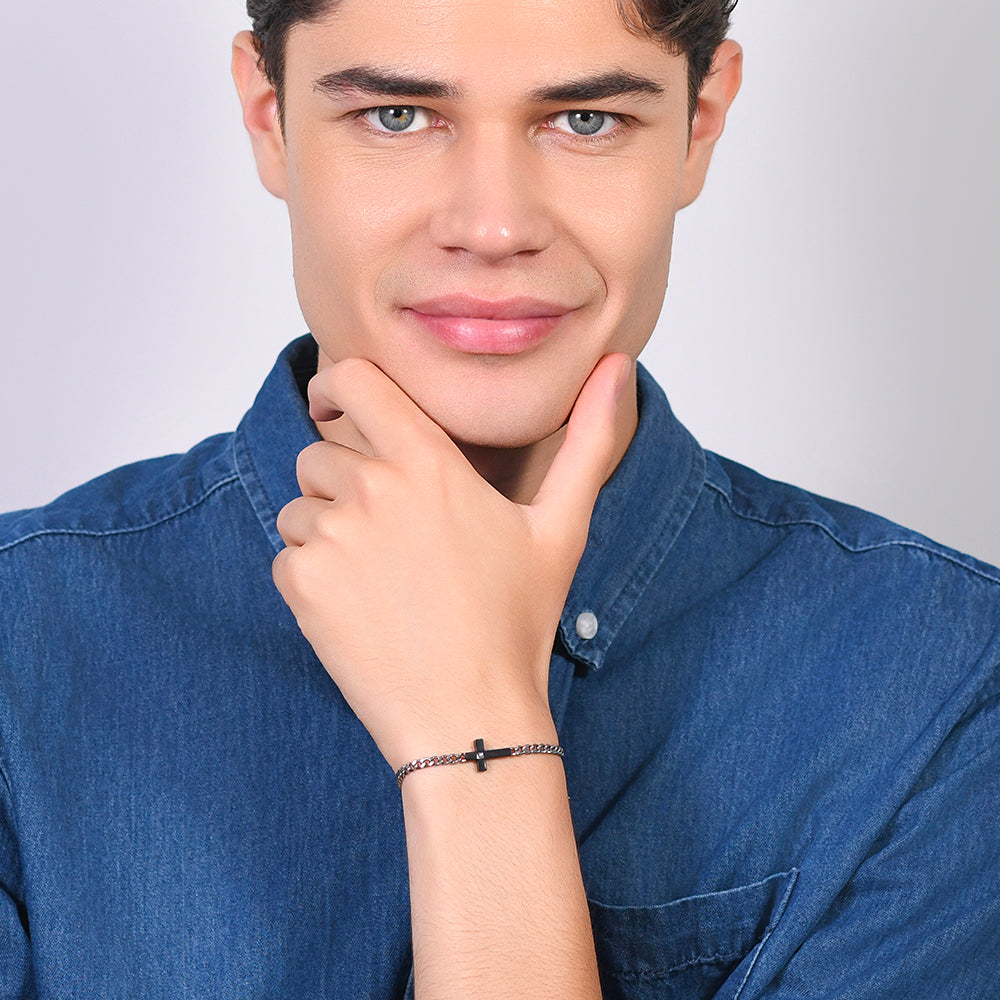 BRACELET ACIER IP CROIX NOIRE ET ZIRCON BLANC