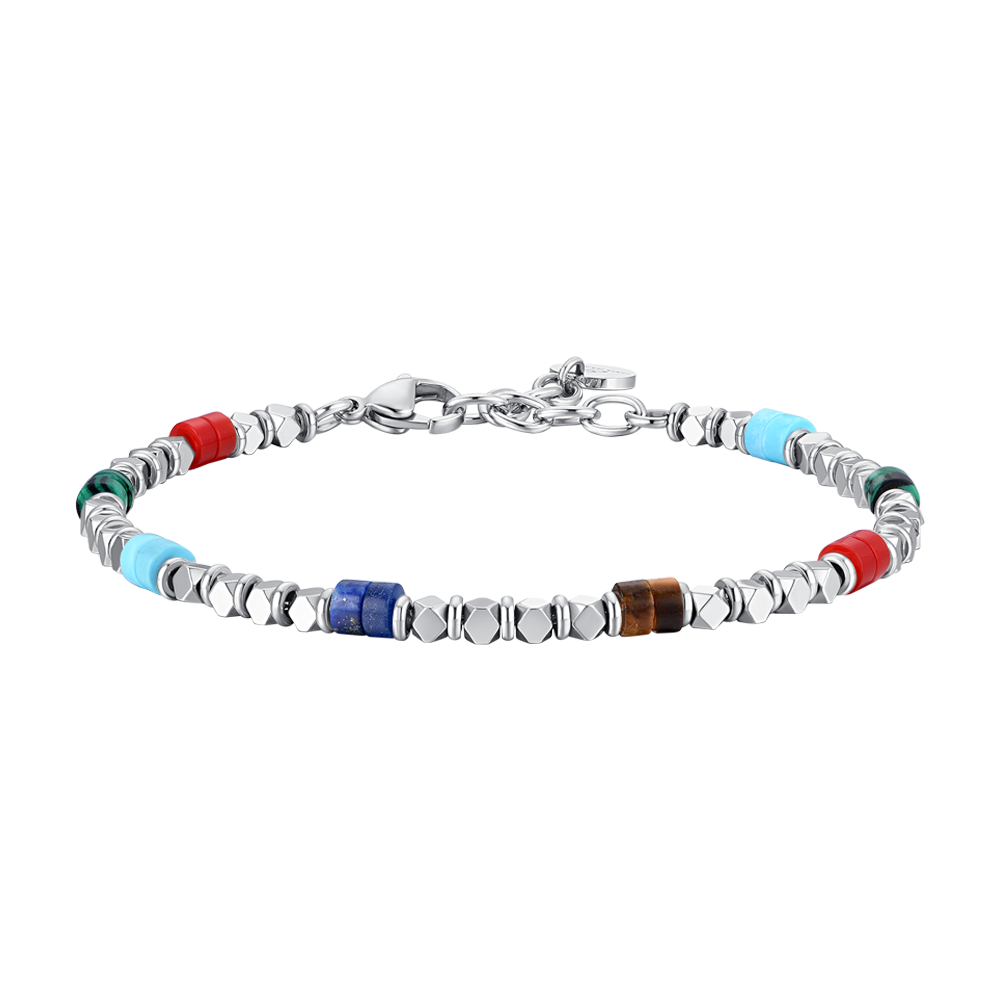 BRACCIALE UOMO IN ACCIAIO CON EMATITE E PIETRE MULTICOLOR