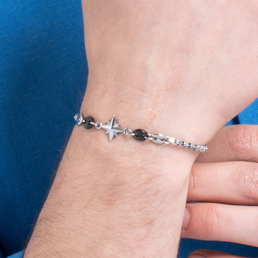 BRACCIALE UOMO IN ACCIAIO CON ROSA DEI VENTI ED ELEMENTI IN ACCIAIO IP NERO