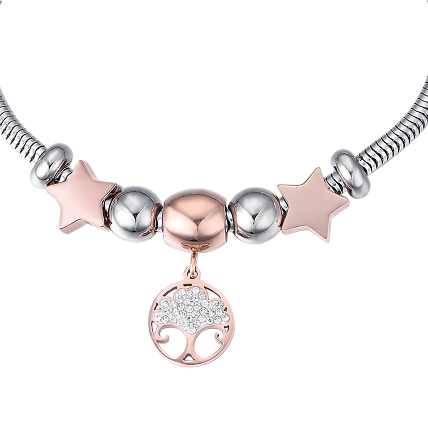 BRACELET EN ACIER POUR FEMME AVEC ARBRE DE VIE IP ROSES ET CRISTAUX BLANCS ET S