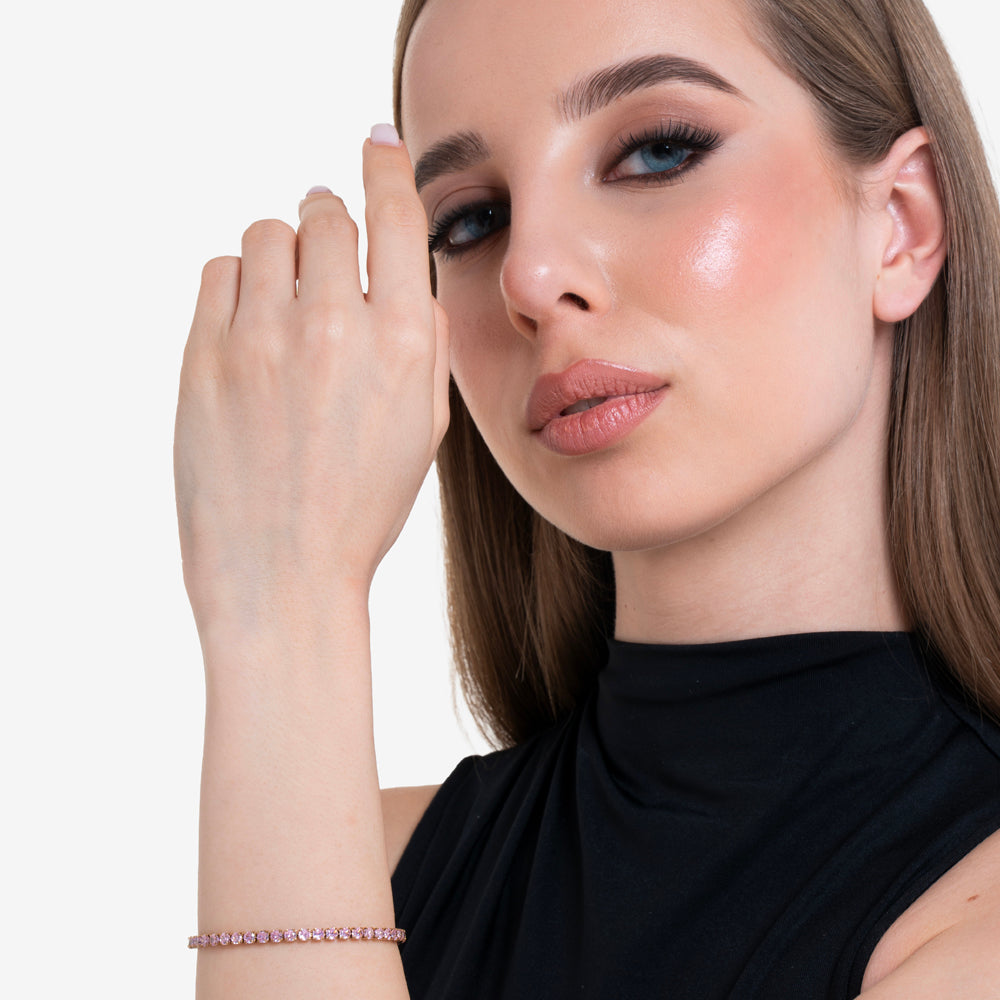 BRACELET TENNIS ACIER OR IP POUR FEMME AVEC CRISTAUX ROSES