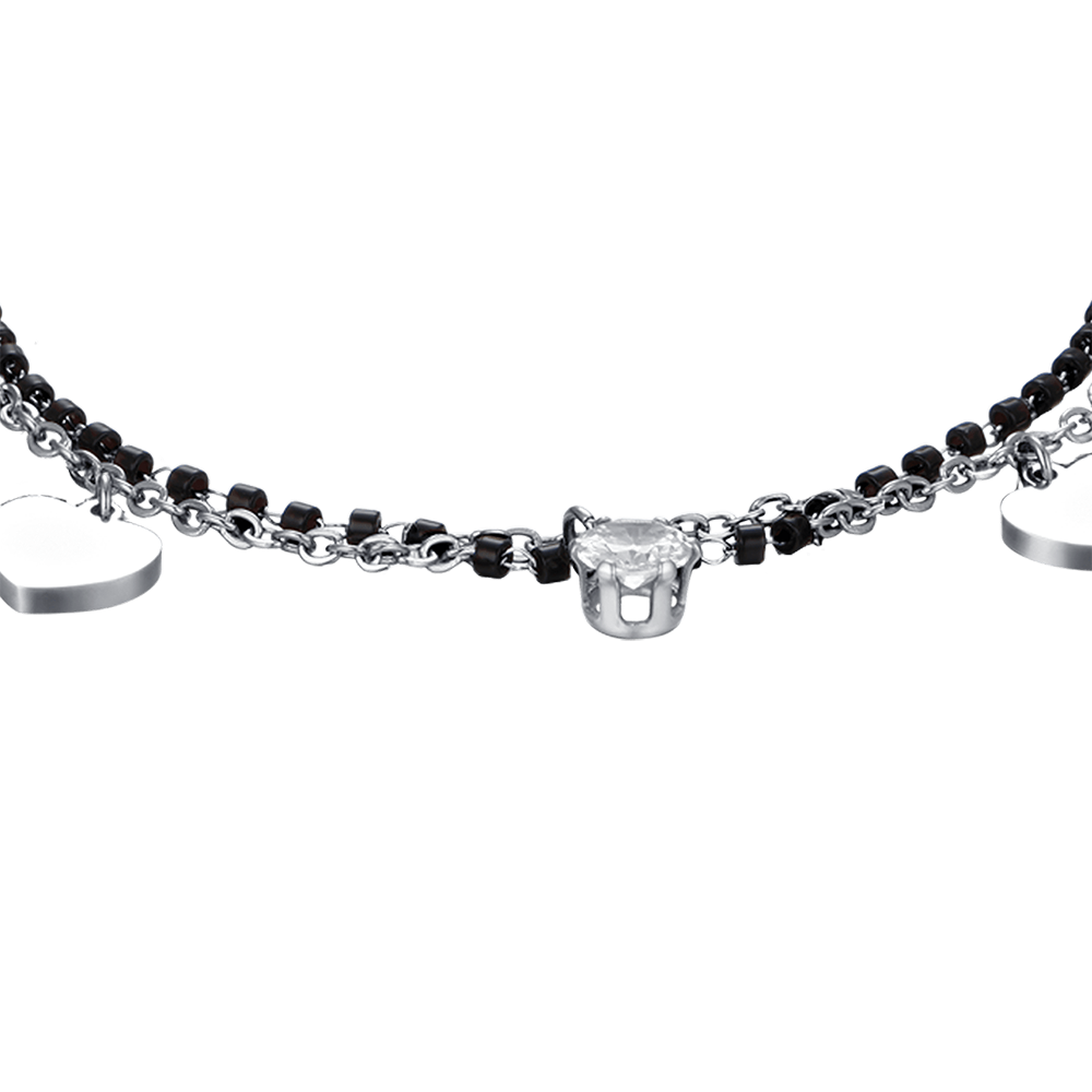 BRACELET EN ACIER POUR FEMME AVEC CŒURS, ÉLÉMENTS NOIRS ET CRISTAL BLANC