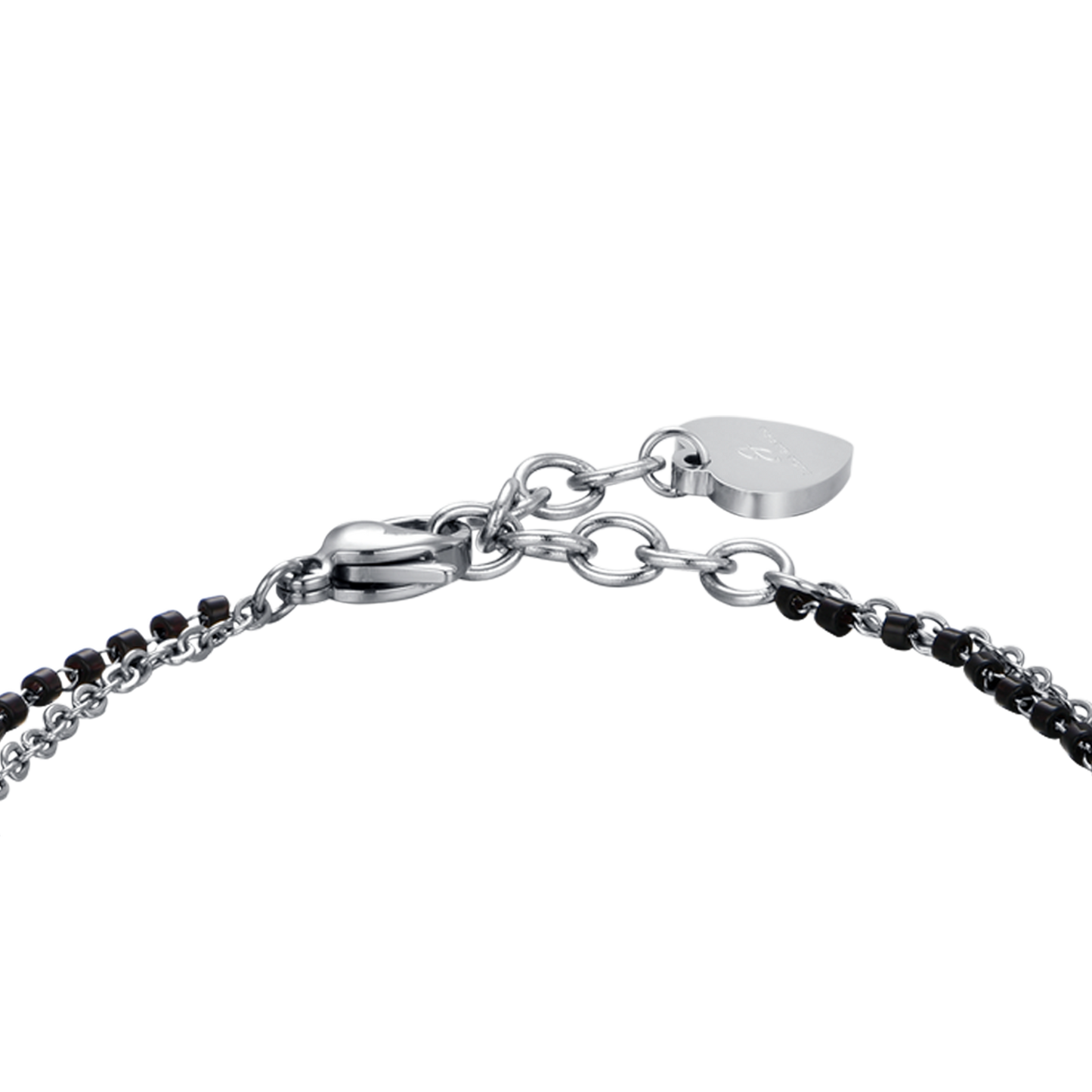 BRACELET EN ACIER POUR FEMME AVEC CŒURS, ÉLÉMENTS NOIRS ET CRISTAL BLANC