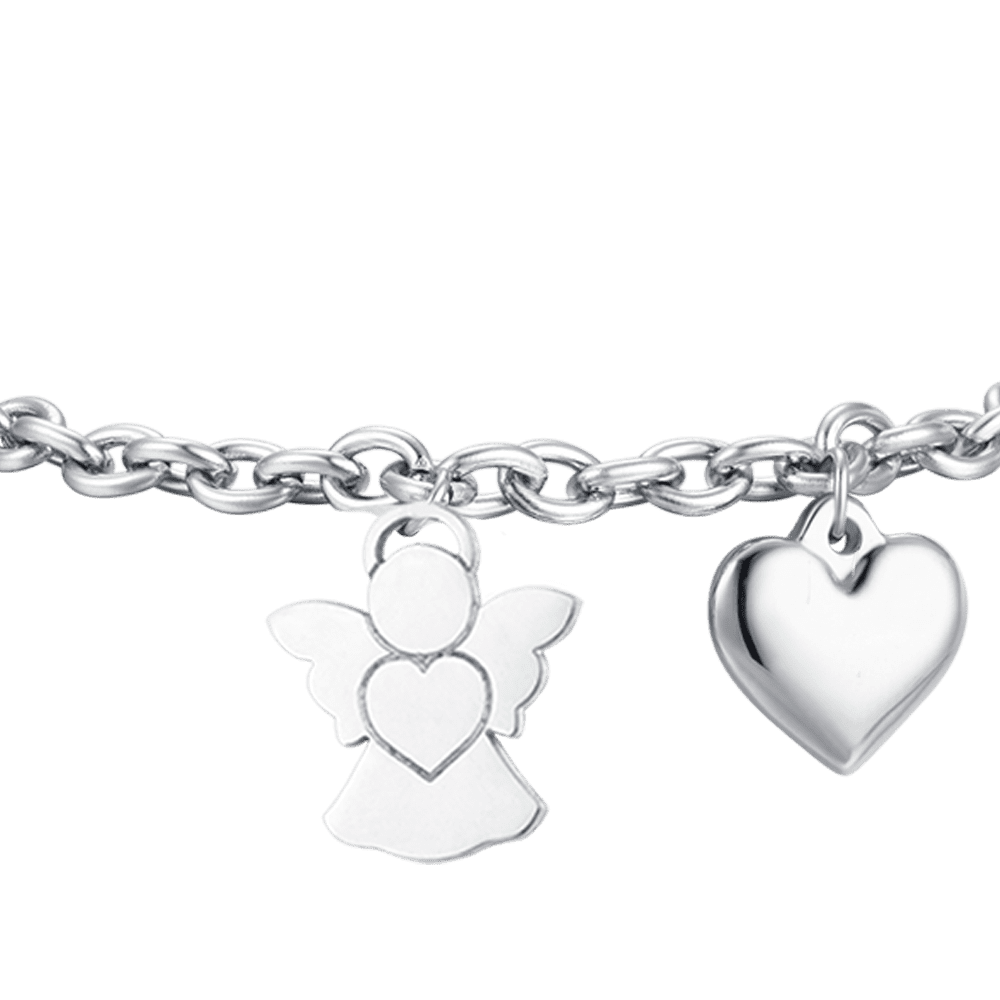 BRACELET FEMME EN ACIER AVEC BRELOQUE ANGE ET COEUR