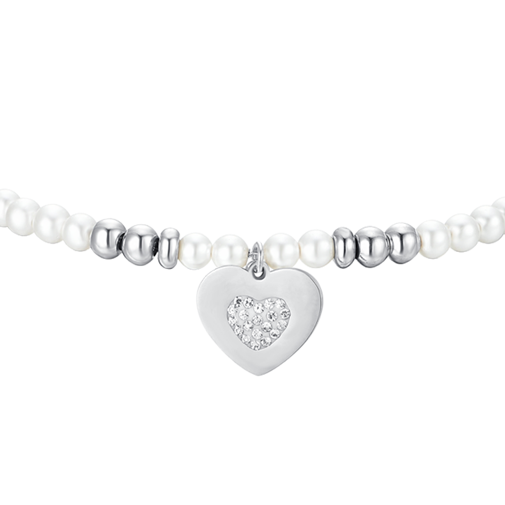 BRACCIALE DONNA IN ACCIAIO CON PERLE SINTETICHE E CUORE