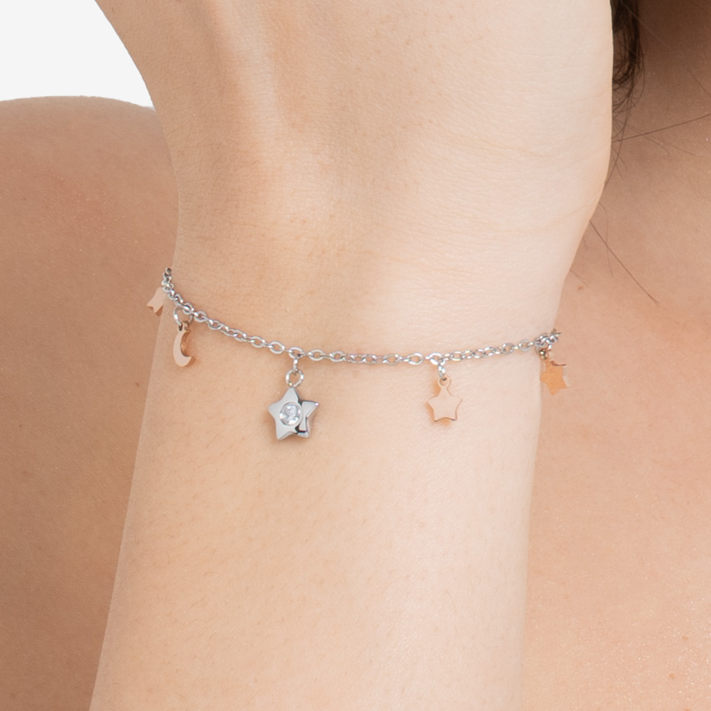 BRACCIALE DONNA IN ACCIAIO, STELLA CON ZIRCONE BIANCO, LUNE E STELLE IP ROSE