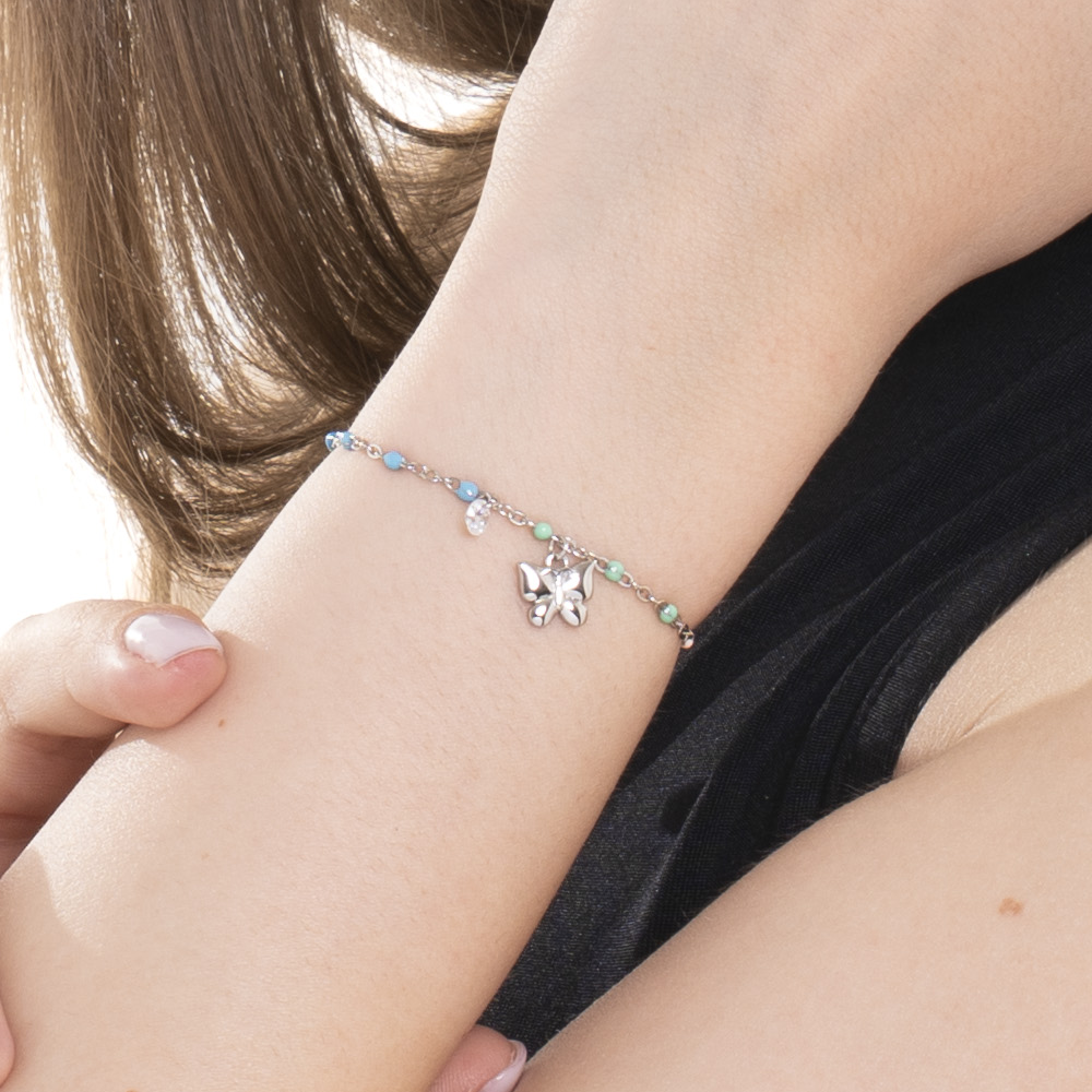 BRACCIALE DONNA IN ACCIAIO CON FARFALLA,CRISTALLO E PIETRE CON SMALTO MULTICOLOR