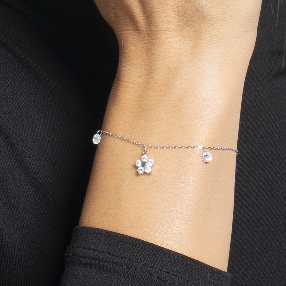 BRACCIALE DONNA IN ACCIAIO CON PENDENTE FIORE E PETALI ZIRCONE BIANCO