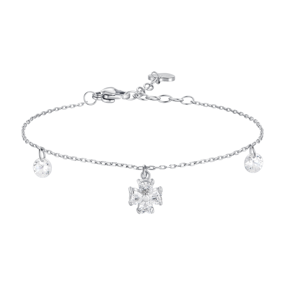 BRACCIALE DONNA CON PENDENTE QUADRIFOGLIO CON PETALI ZIRCONE BIANCO