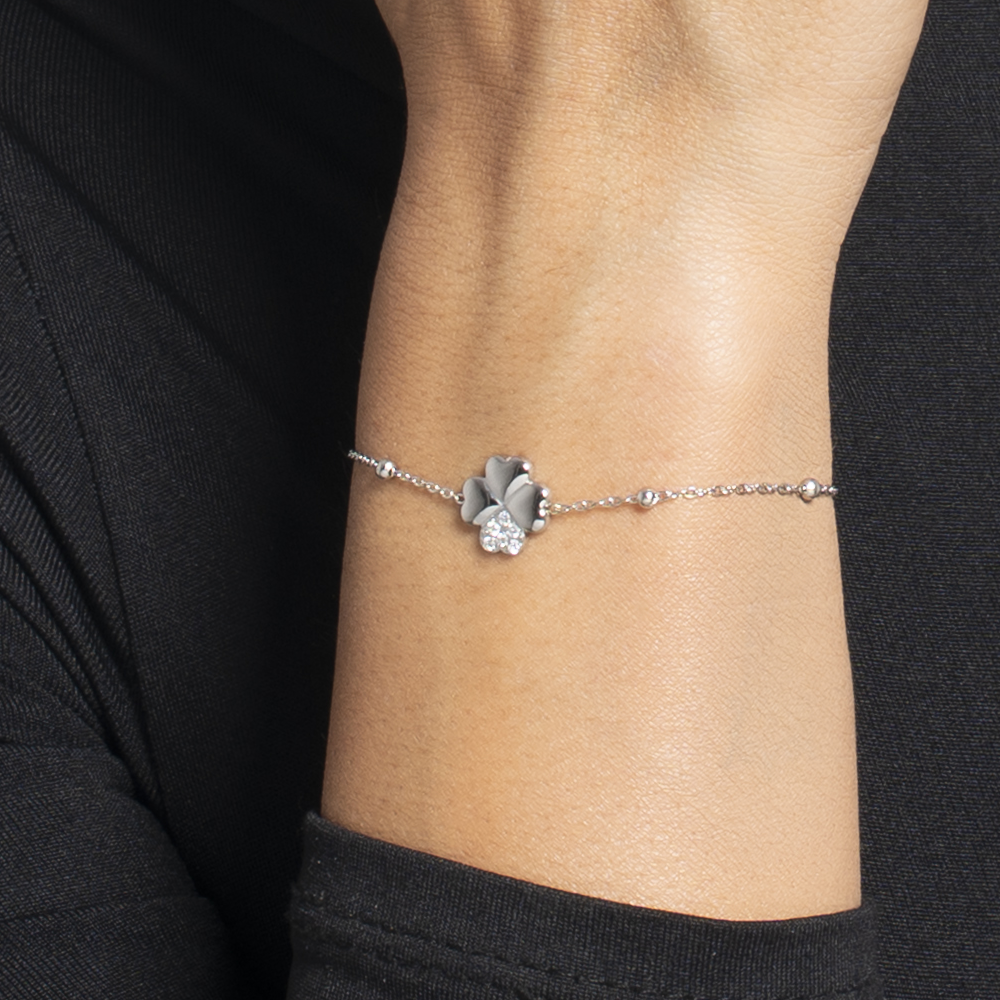 BRACCIALE DONNA IN ACCIAIO CON QUADRIFOGLIO E PUNTI LUCE DI ZIRCONE BIANCO