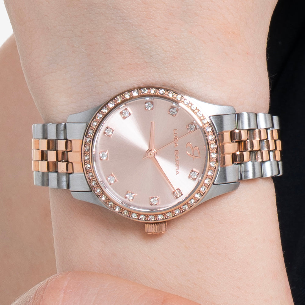 MONTRE POUR DAMES EN ACIER AVEC CADRAN ROSE IP ET LUNETTE EN CRISTAL BLANC