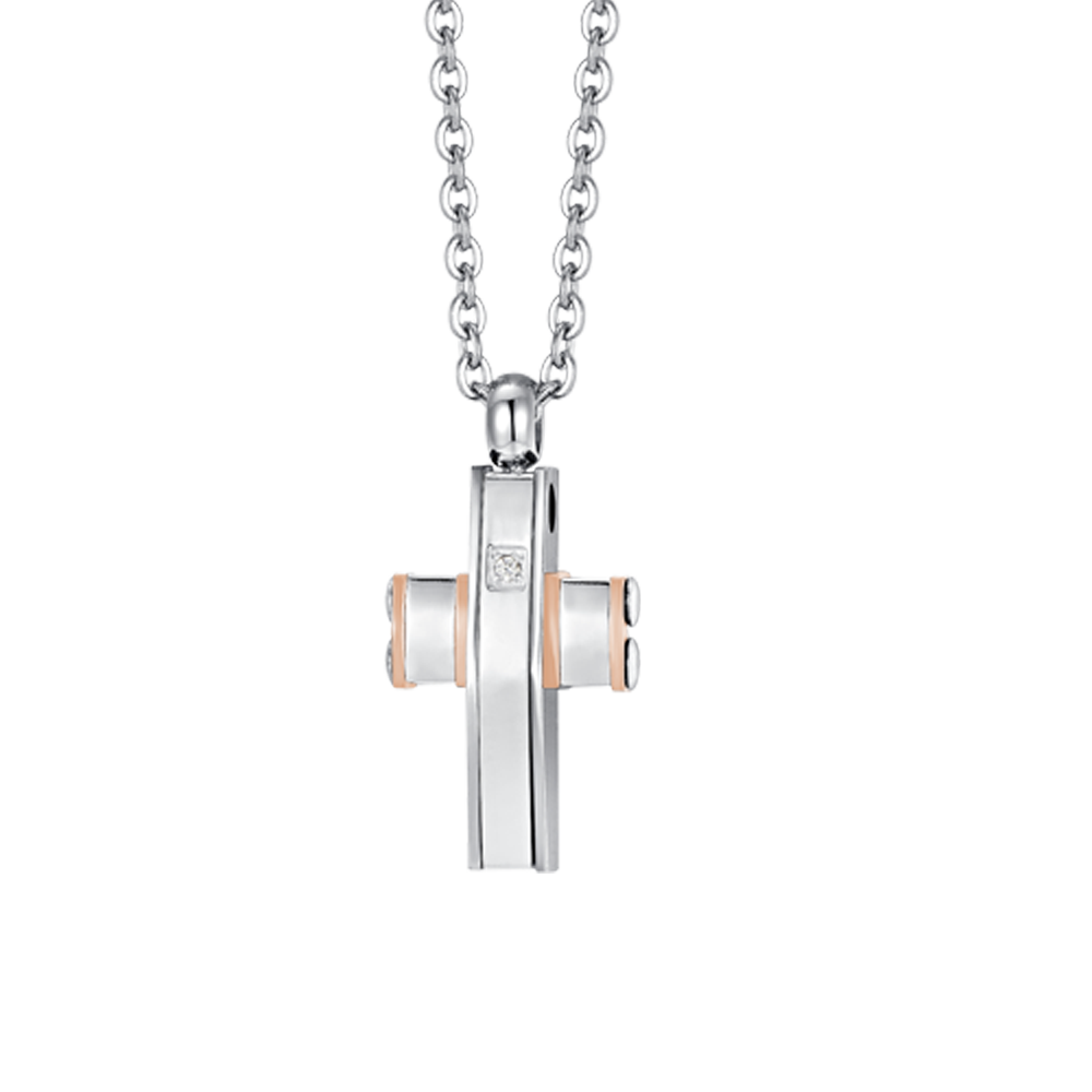 COLLIER HOMME CROIX EN ACIER ET IP EN OR ROSE