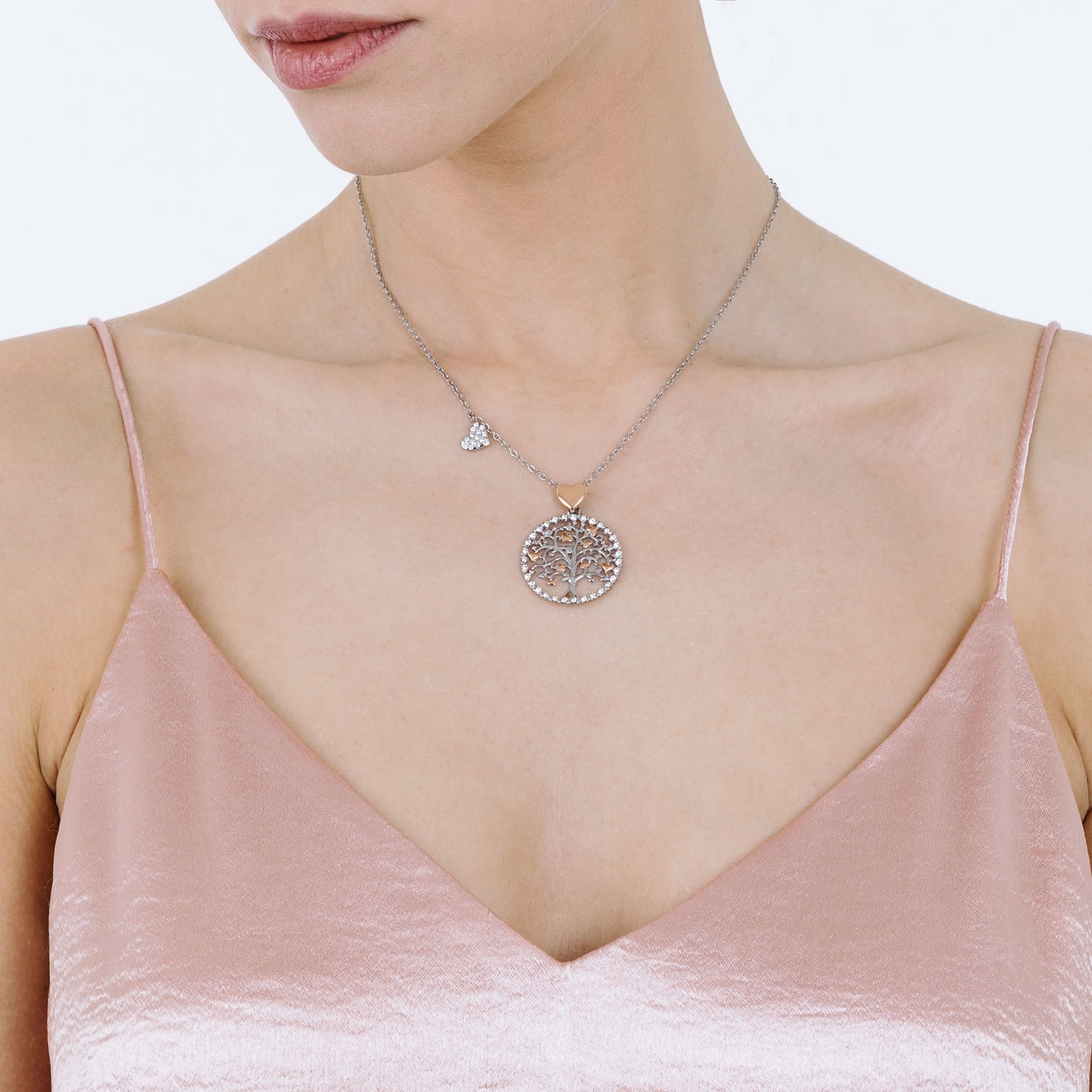 COLLIER POUR FEMME EN ACIER, ARBRE DE VIE AVEC CŒURS DE ROSE