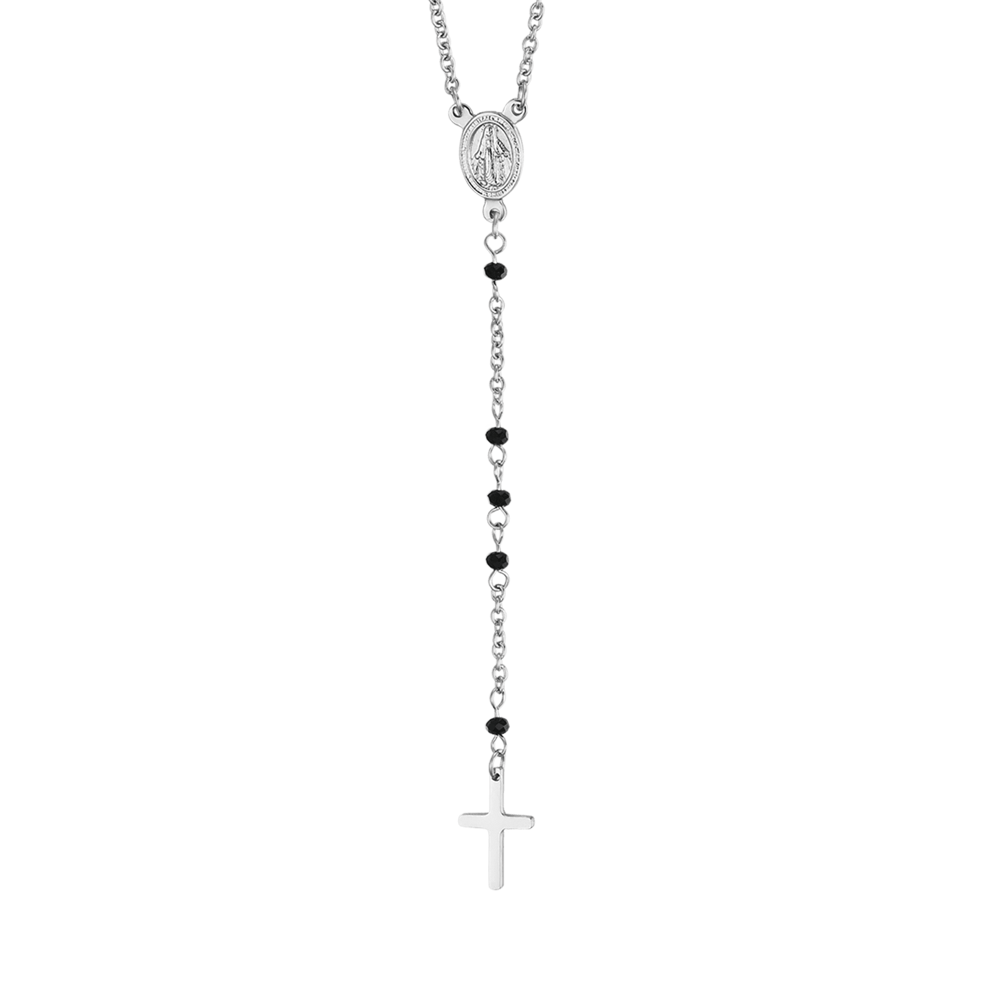COLLIER DE ROSAIRE EN ACIER POUR FEMME AVEC CRISTAUX NOIRS AVEC PENDENTIF