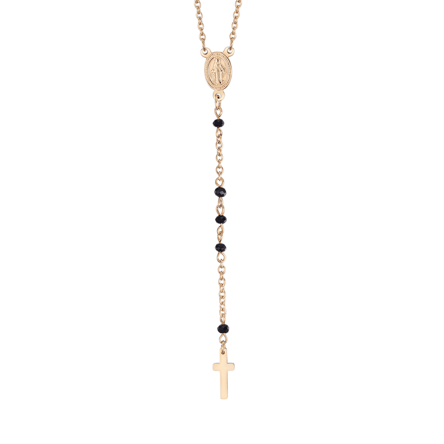 COLLIER DE ROSAIRE EN ACIER POUR FEMME AVEC CRISTAUX NOIRS AVEC PENDENTIF