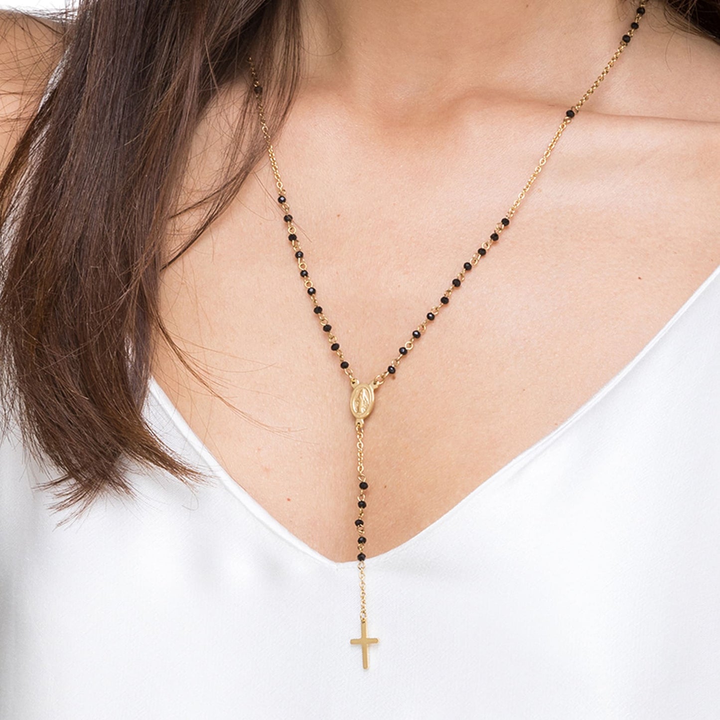 COLLIER DE ROSAIRE EN ACIER POUR FEMME AVEC CRISTAUX NOIRS AVEC PENDENTIF