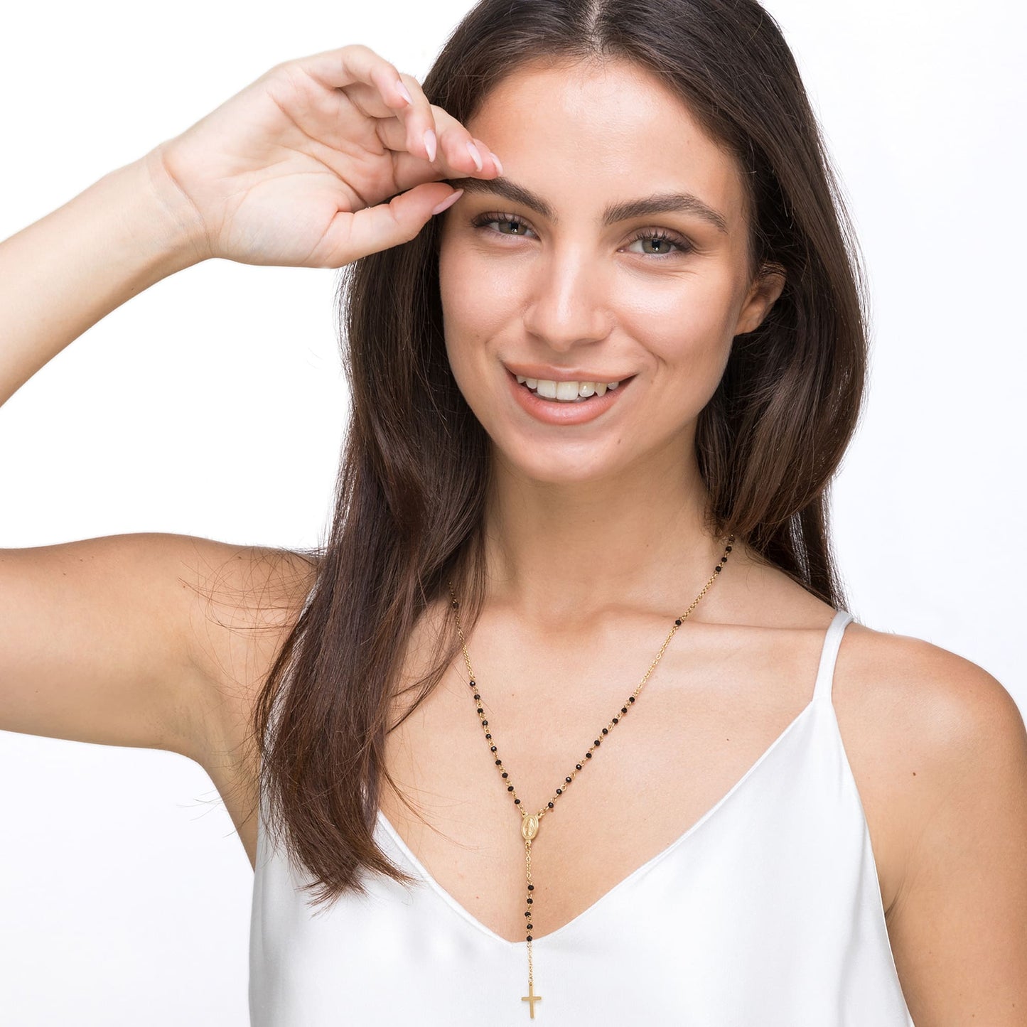 COLLIER DE ROSAIRE EN ACIER POUR FEMME AVEC CRISTAUX NOIRS AVEC PENDENTIF