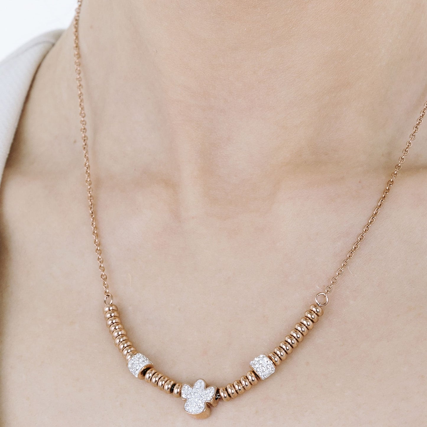 COLLIER ACIER IP ROSE AVEC ANGE AVEC CRISTAUX BLANCS