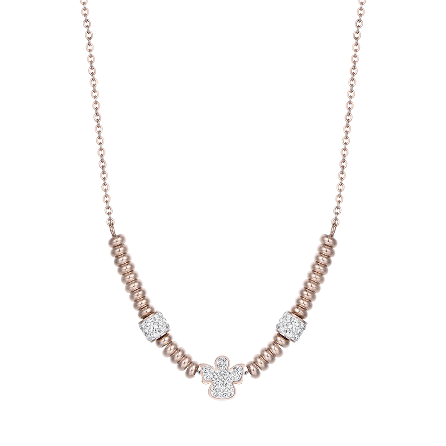 COLLIER ACIER IP ROSE AVEC ANGE AVEC CRISTAUX BLANCS