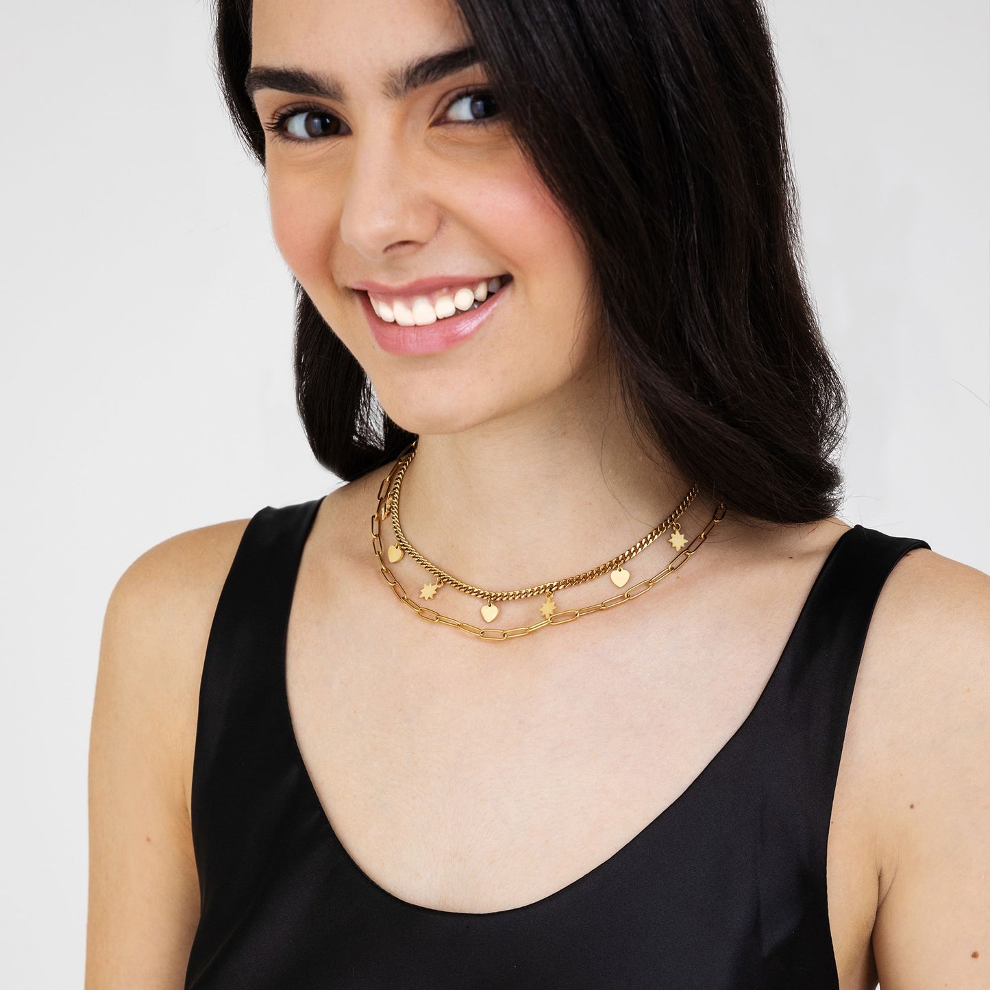 COLLIER MULTIBRINS EN ACIER ET OR AVEC ÉTOILES ET CŒURS