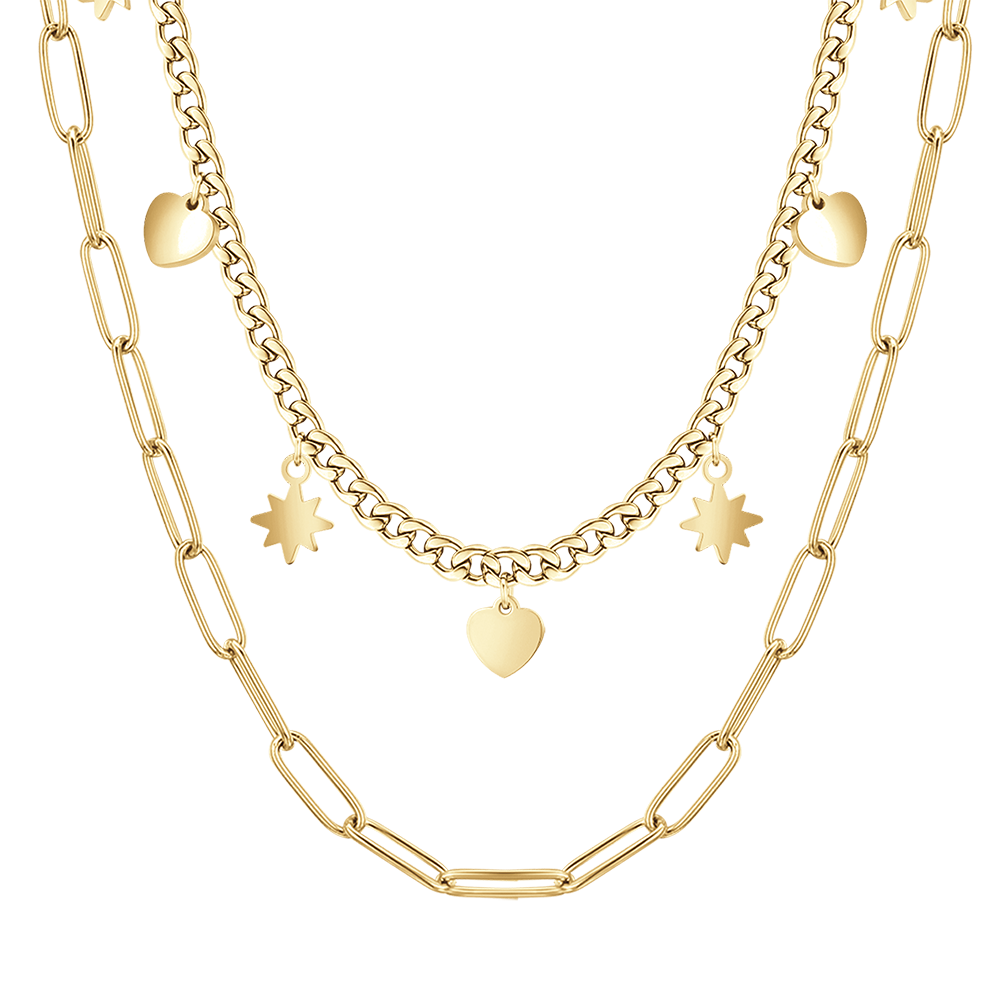 COLLIER MULTIBRINS EN ACIER ET OR AVEC ÉTOILES ET CŒURS