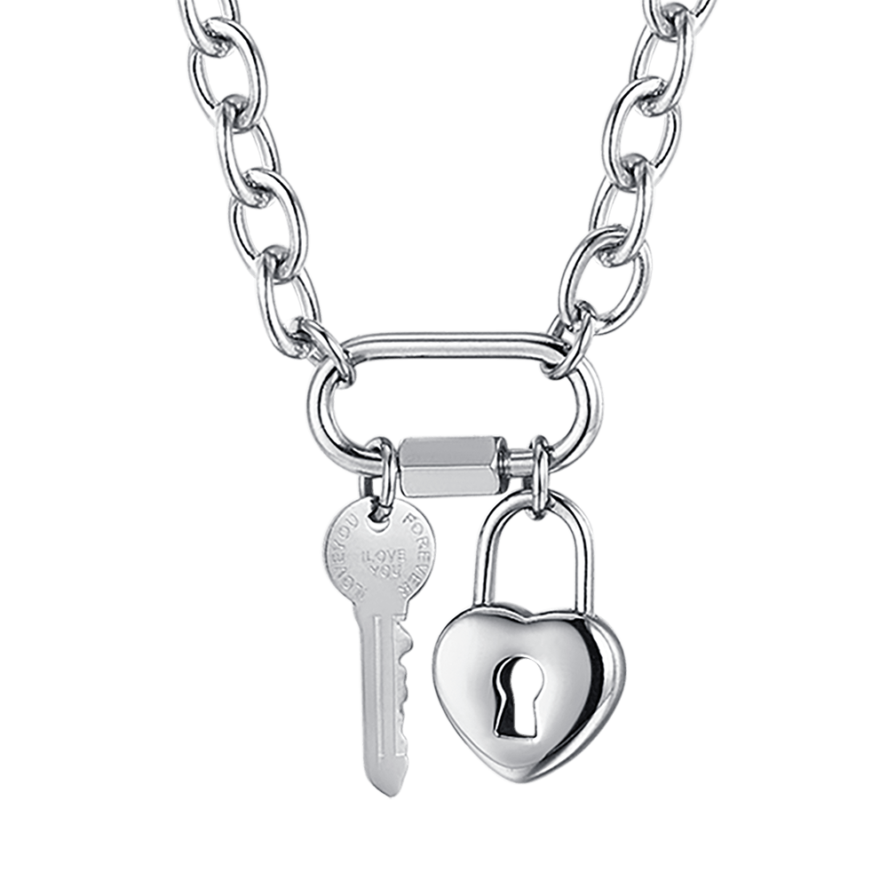 COLLIER EN ACIER POUR DAMES AVEC CLÉ ET CADENAS EN FORME DE CŒUR