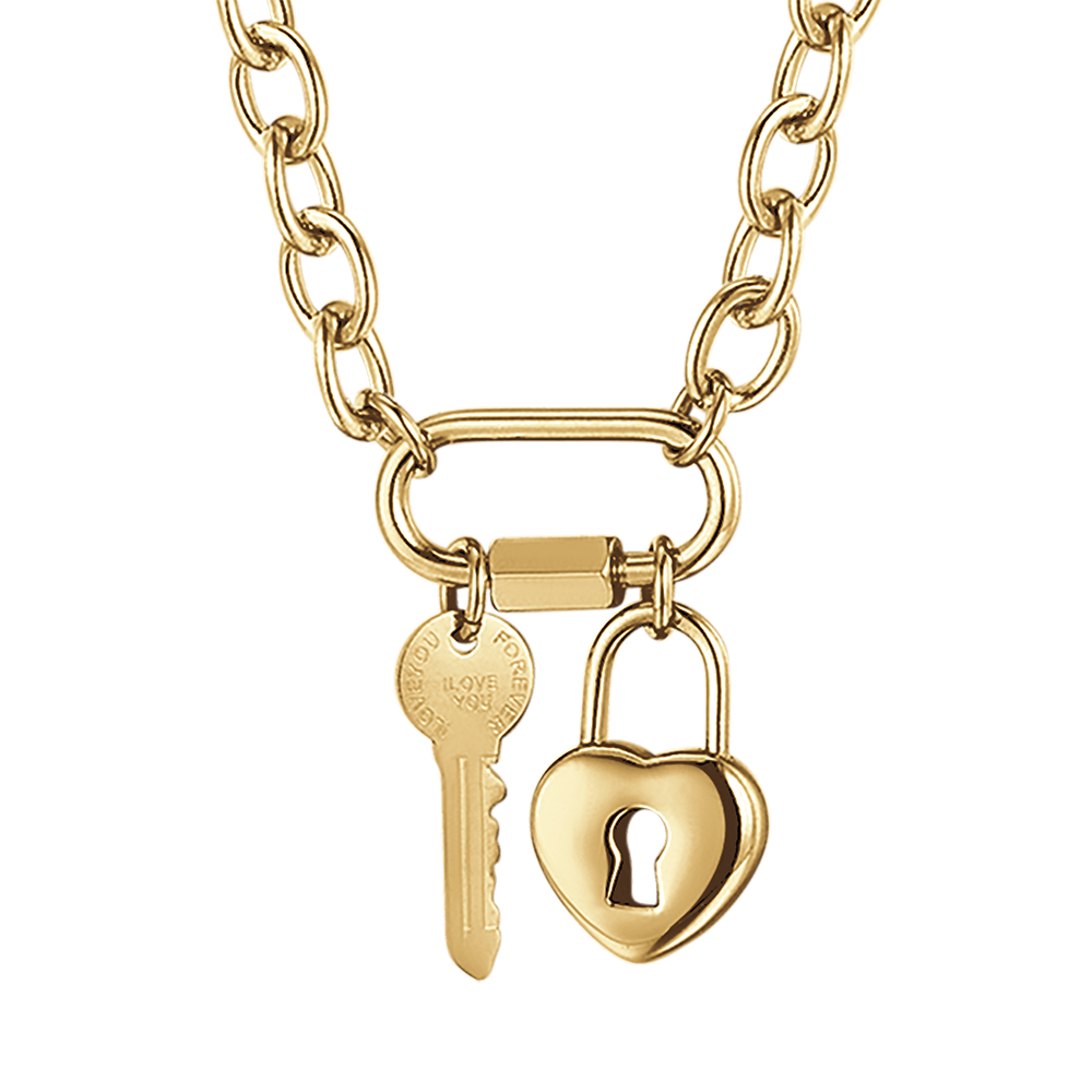 COLLIER EN ACIER POUR DAMES AVEC CLÉ ET CADENAS EN FORME DE CŒUR