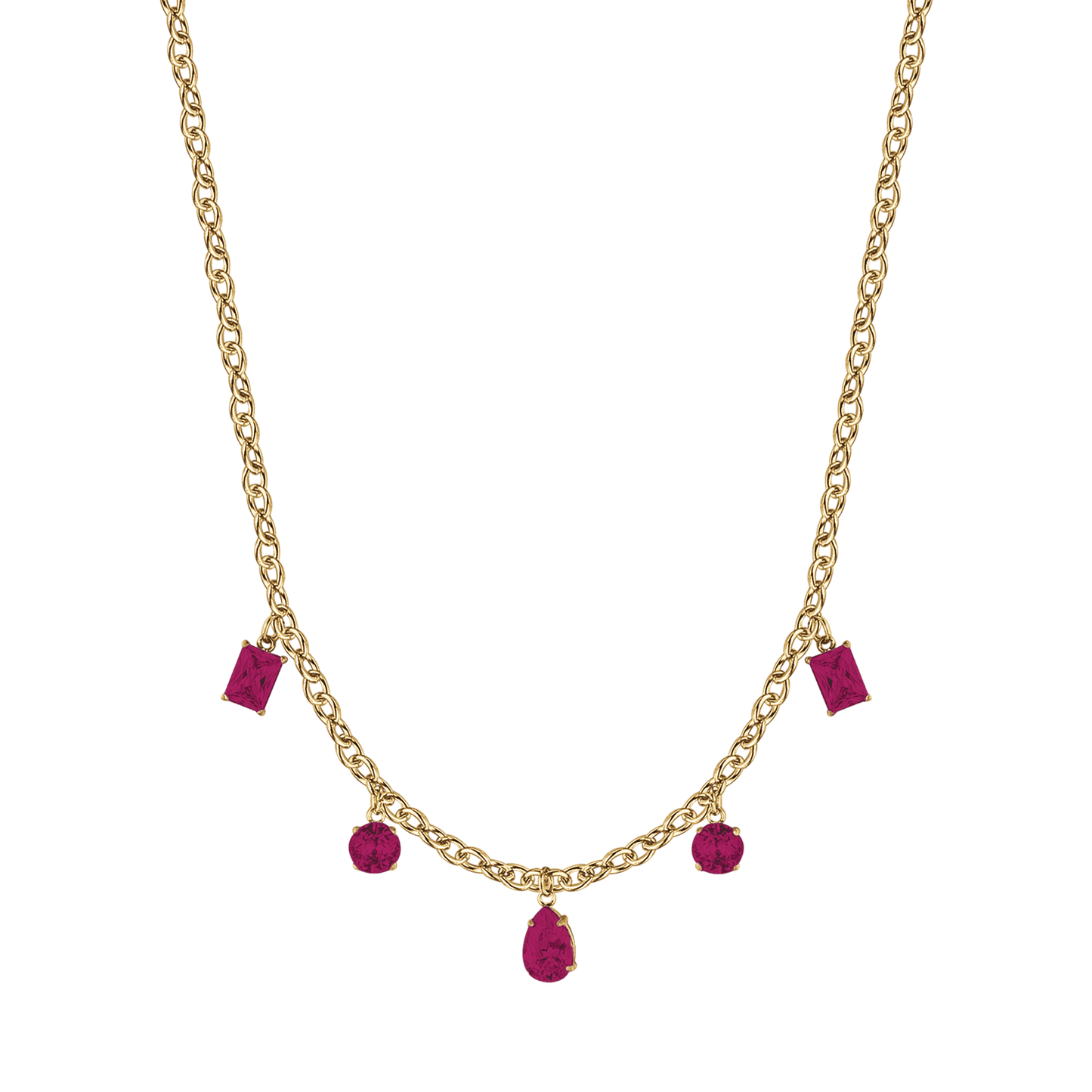 COLLIER FEMME EN ACIER DORÉ IP AVEC PENDENTIFS EN CRISTAUX FUCHSIA