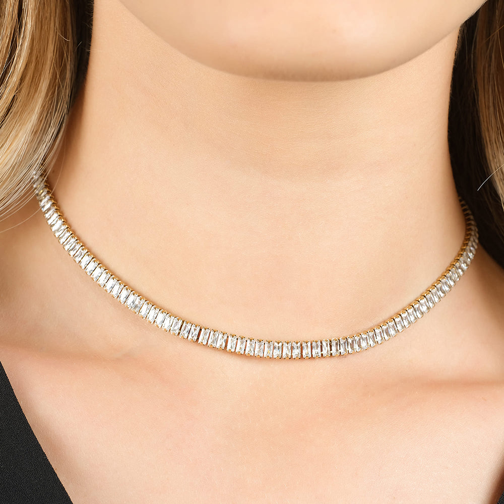 COLLIER TENNIS FEMME EN ACIER AVEC CRISTAUX BAGUETTE BLANCS