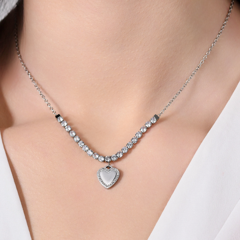 COLLIER DE TENNIS POUR FEMMES AVEC CŒUR EN ACIER ET ZIRCON CUBIQUE
