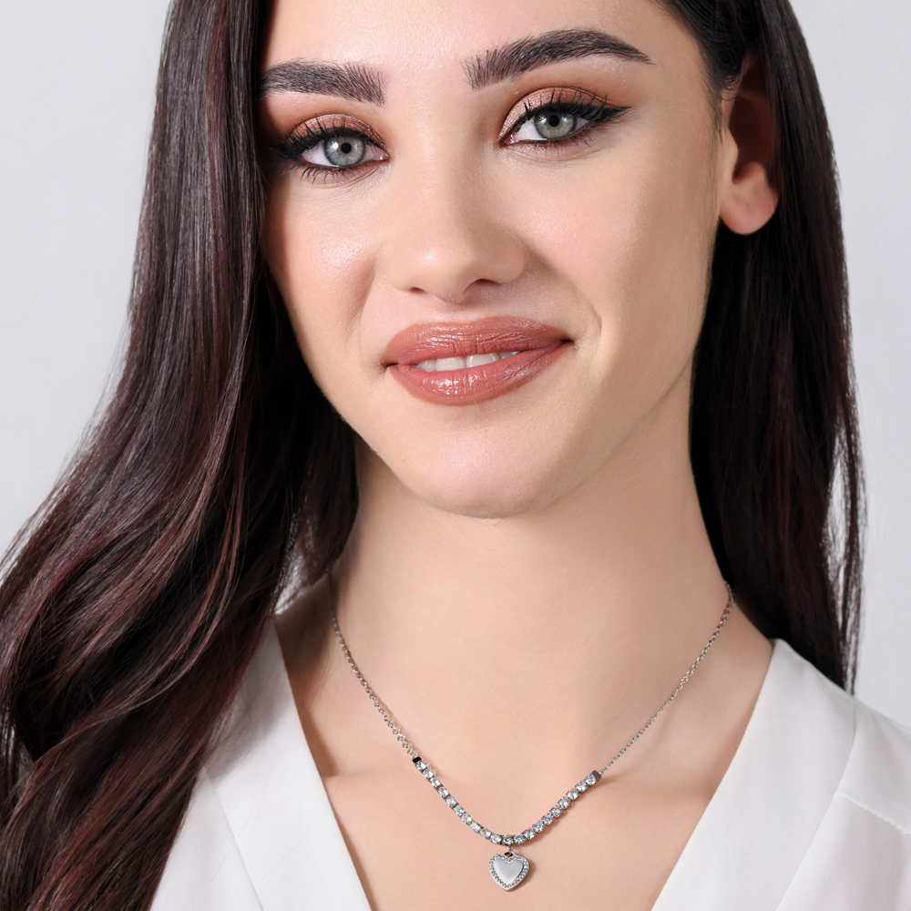 COLLIER DE TENNIS POUR FEMMES AVEC CŒUR EN ACIER ET ZIRCON CUBIQUE