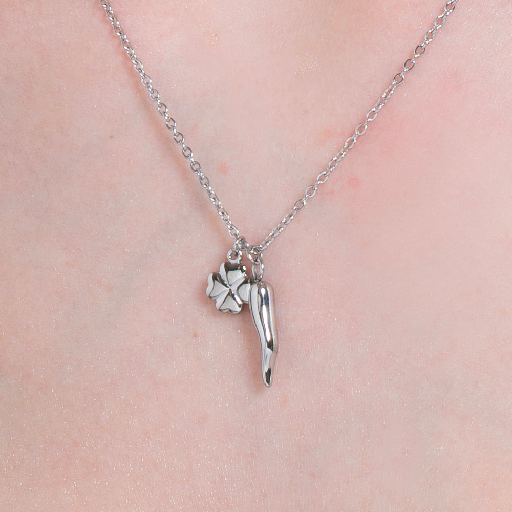 COLLANA DONNA IN ACCIAIO CON CORNO E QUADRIFOGLIO