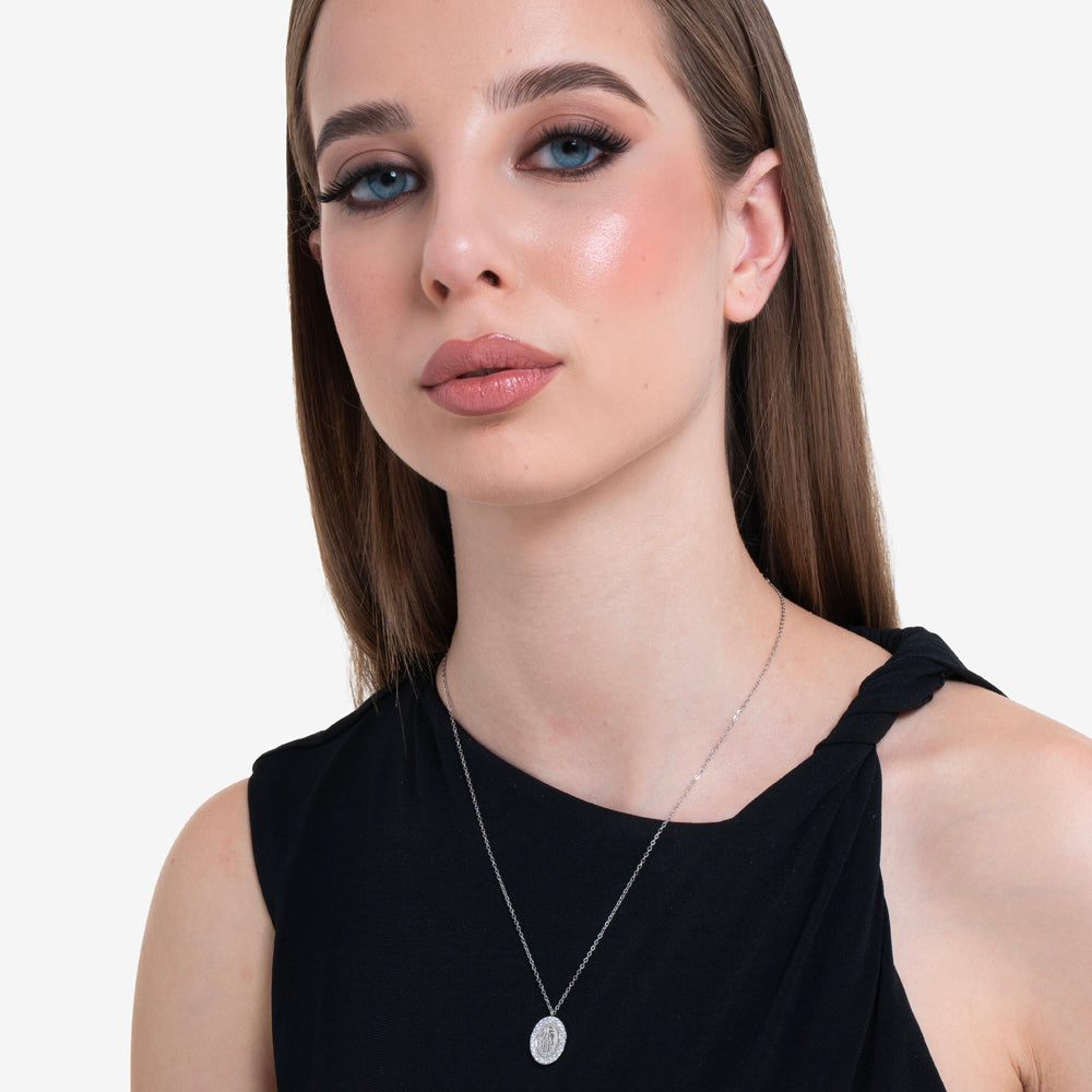 COLLANA DONNA IN ACCIAIO, MEDAGLIETTA CON MADONNINA E ZIRCONI BIANCHI