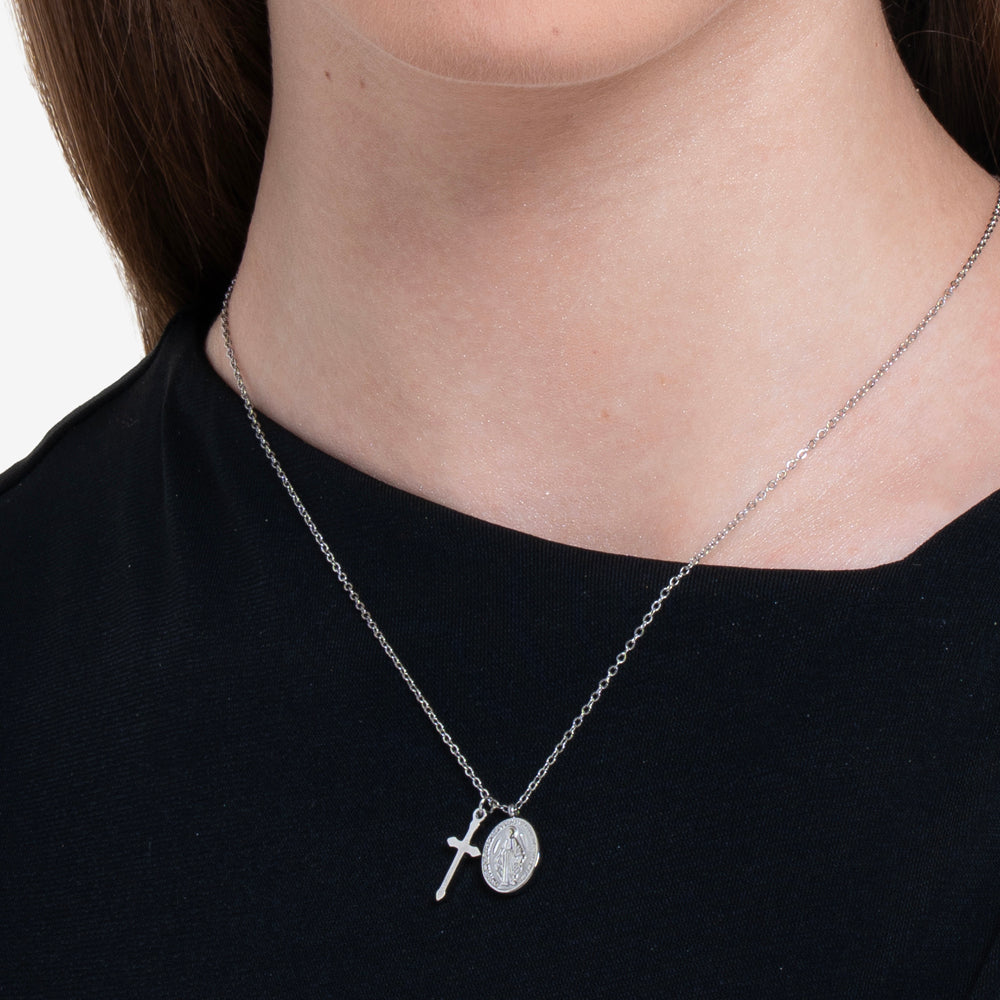 COLLANA DONNA IN ACCIAIO, MEDAGLIETTA CON MADONNINA MIRACOLOSA E CROCE
