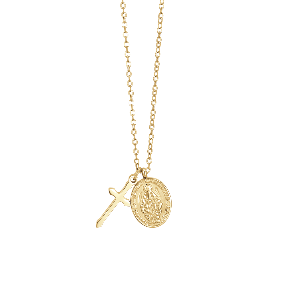 COLLANA DONNA IN ACCIAIO IP GOLD, MEDAGLIETTA CON MADONNINA MIRACOLOSA E CROCE