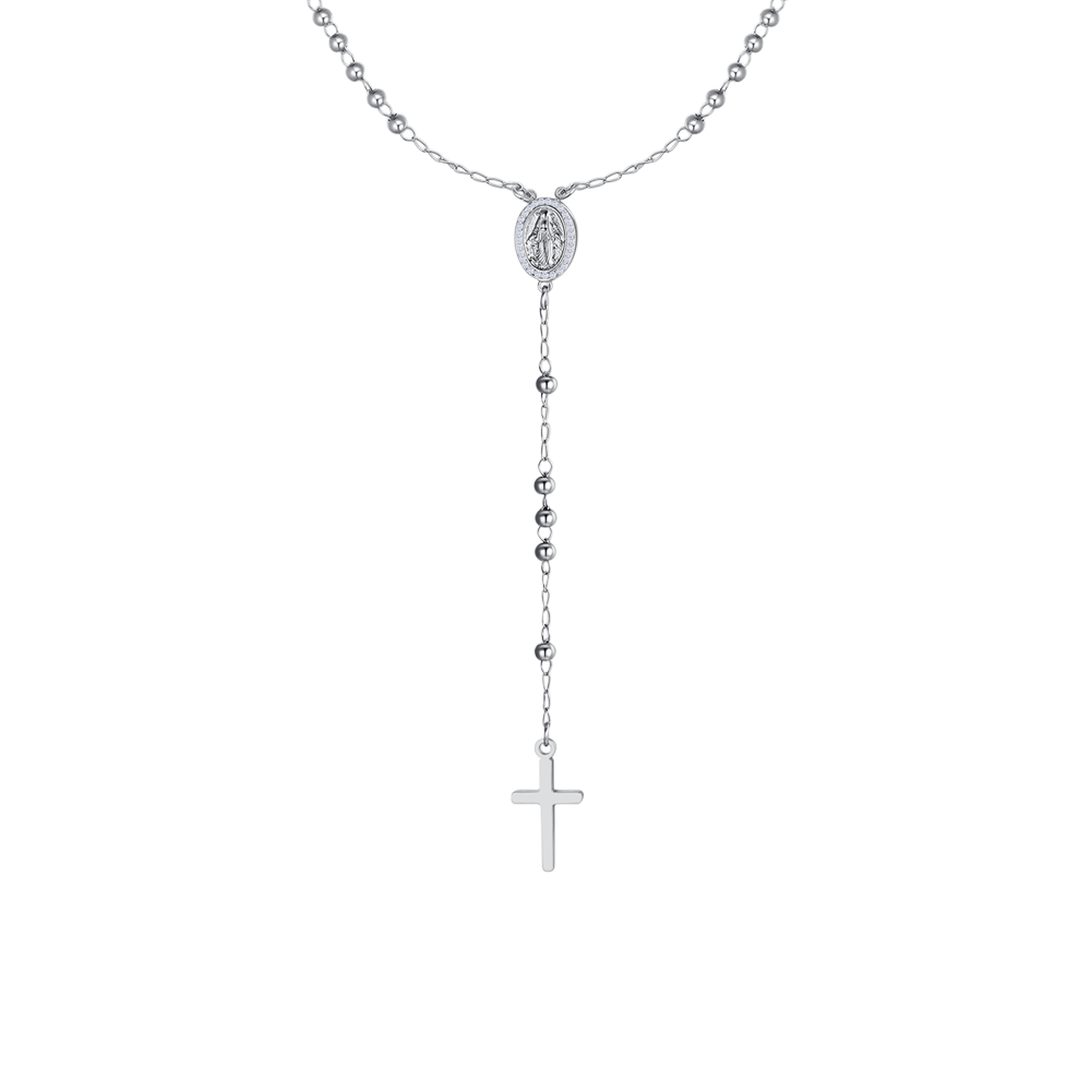 COLLANA DONNA ROSARIO IN ACCIAIO, MEDAGLIETTA CON MADONNINA MIRACOLOSA E ZIRCONI