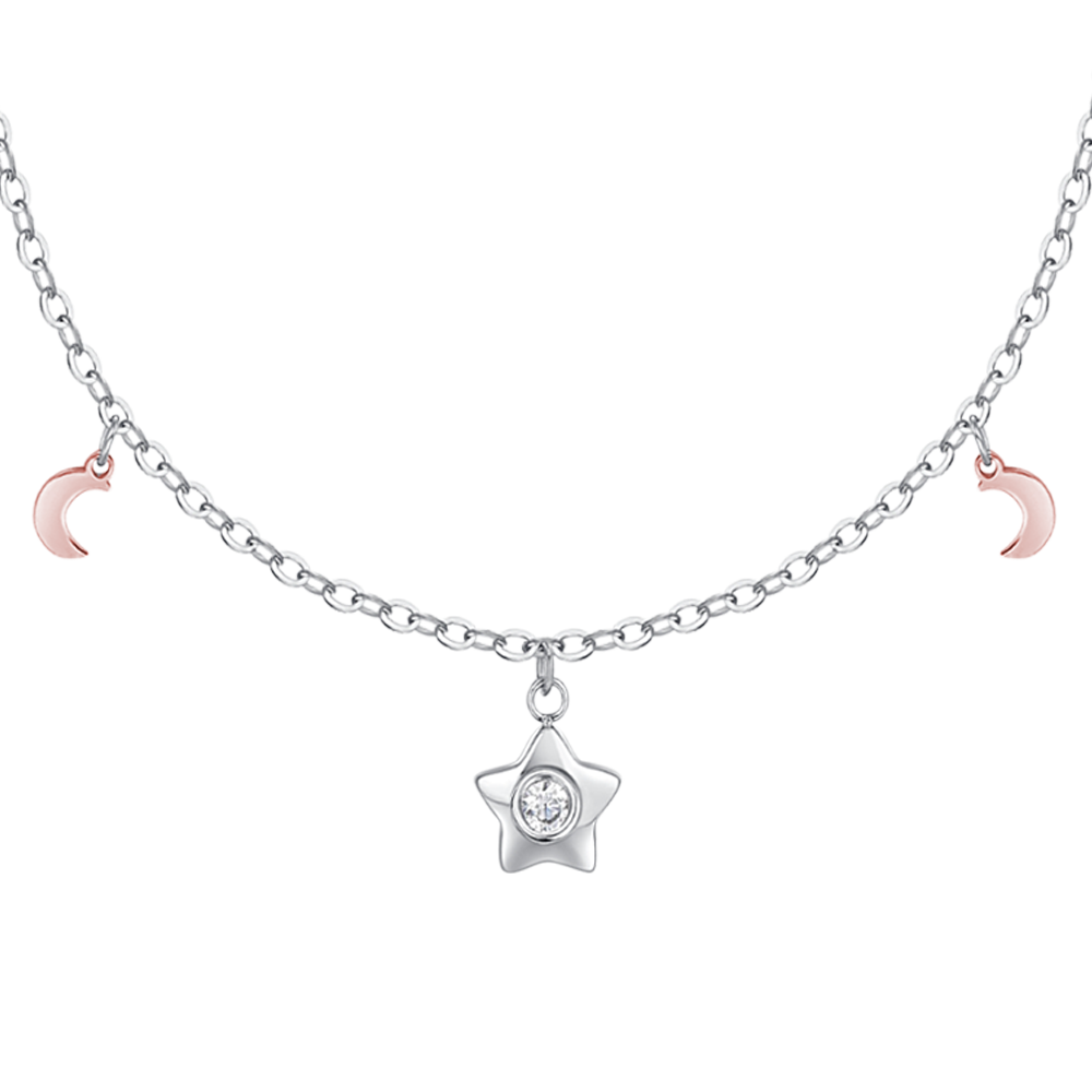 COLLANA DONNA IN ACCIAIO, STELLA CON ZIRCONE BIANCO, LUNE E STELLE IP ROSE