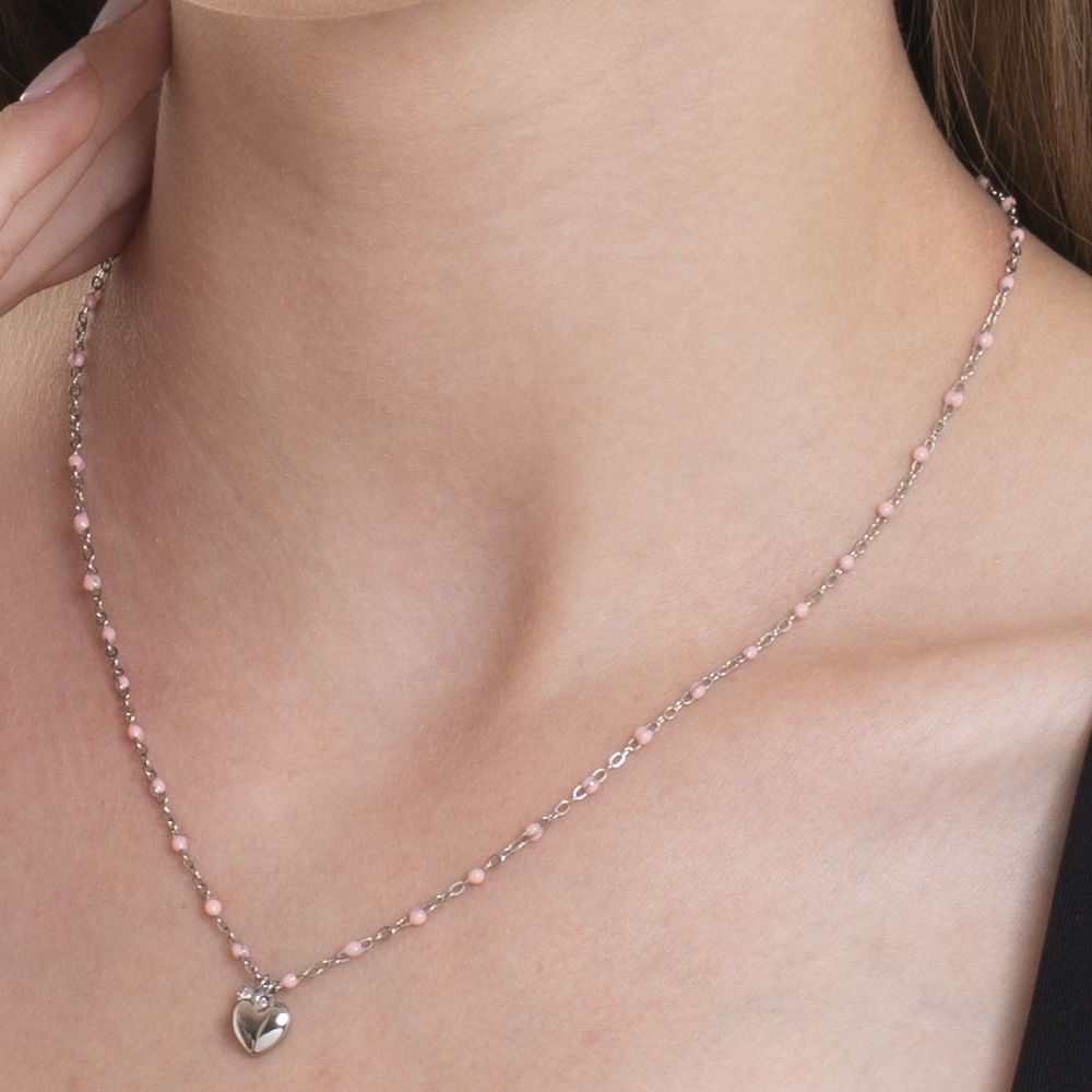 COLLANA DONNA IN ACCIAIO CON CUORE, CRISTALLO E PIETRE CON SMALTO ROSA