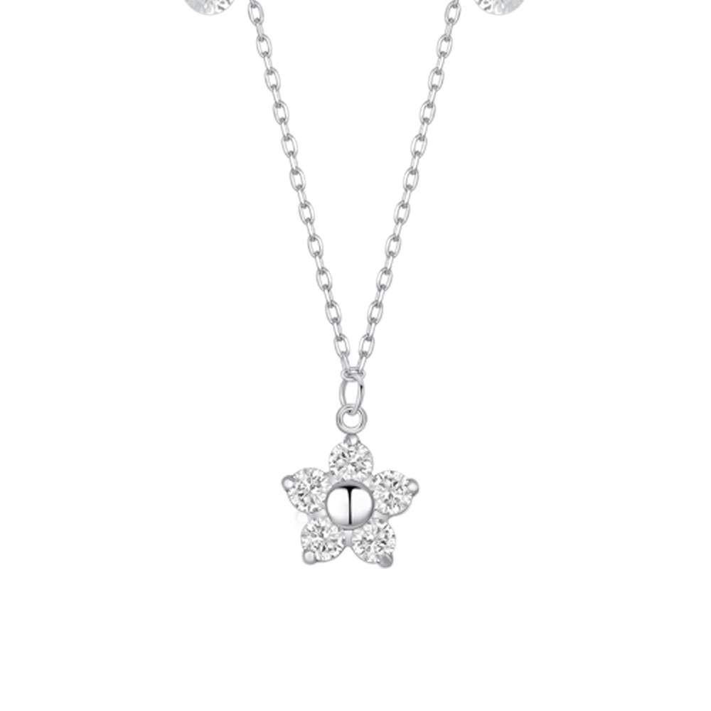 COLLANA DONNA IN ACCIAIO CON PENDENTE FIORE CON E PETALI ZICONE BIANCO