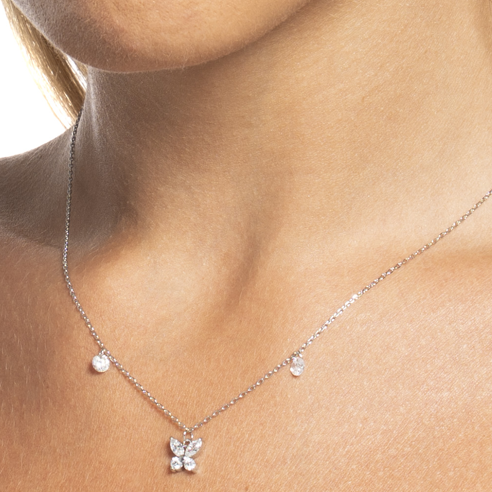 COLLANA DONNA IN ACCIAIO CON PENDENTE FARFALLA ED ALI ZIRCONE BIANCO