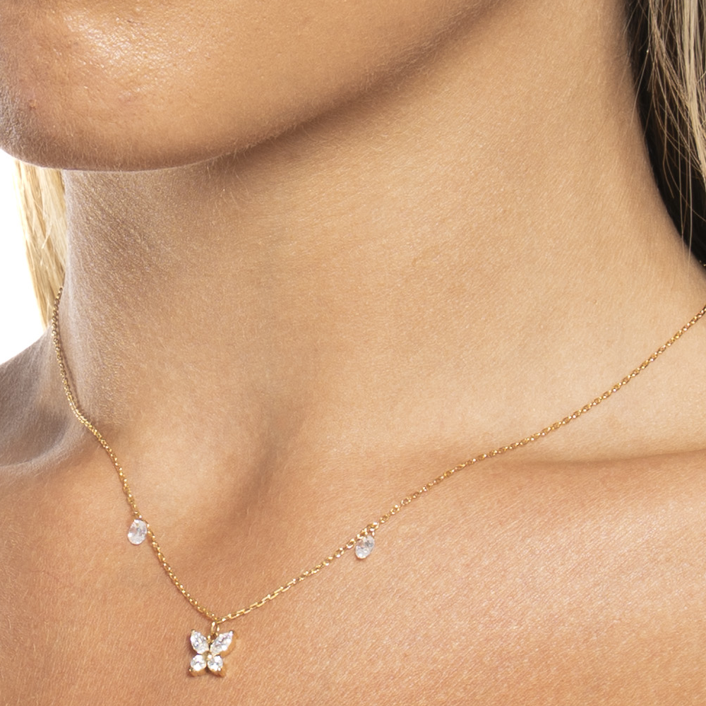 COLLANA DONNA IN ACCIAIO CON PENDENTE FARFALLA ED ALI ZIRCONE BIANCO COLORE ORO